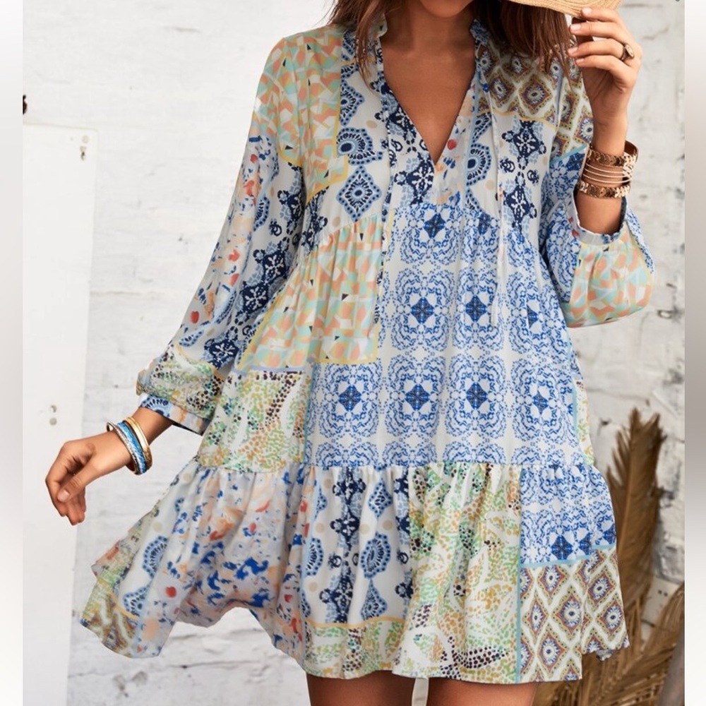 Boho Patchwork V-Neck  Dress in Blue and Cream